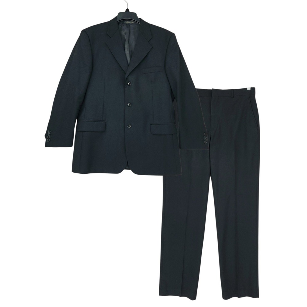 Pavone Soft 2 pc Suit 41R Men Black Wool Zignone Biella Italy Flat Front Luxury